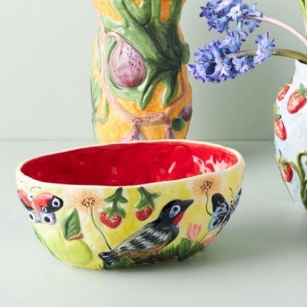 Anthropologie Nathalie Lete Nature Nurture Planter Pot Bird Strawberry Butterfly